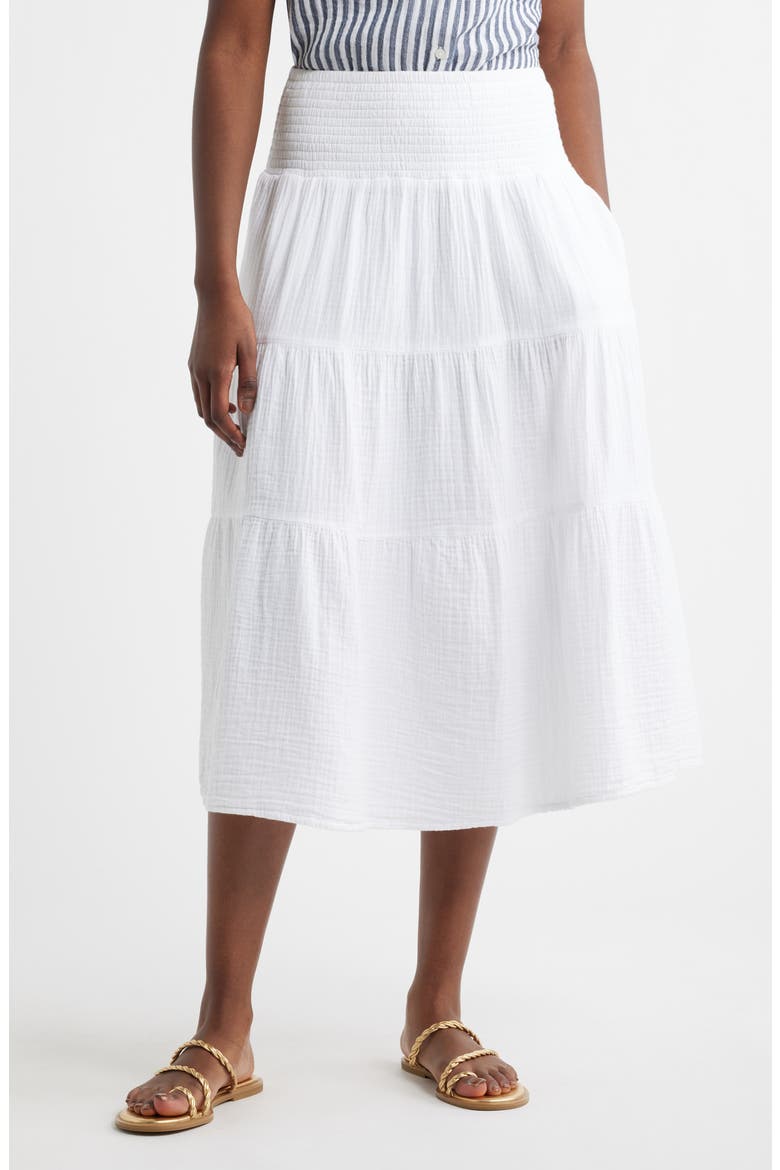 Tiered Cotton Gauze Midi Skirt, Main, color, WHITE