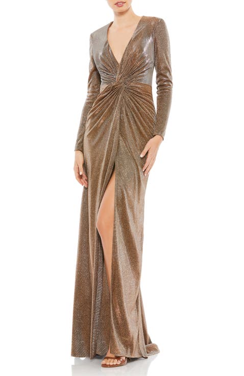 Sparkling Metallic Front Twist V Neck Long Sleeve Gown
