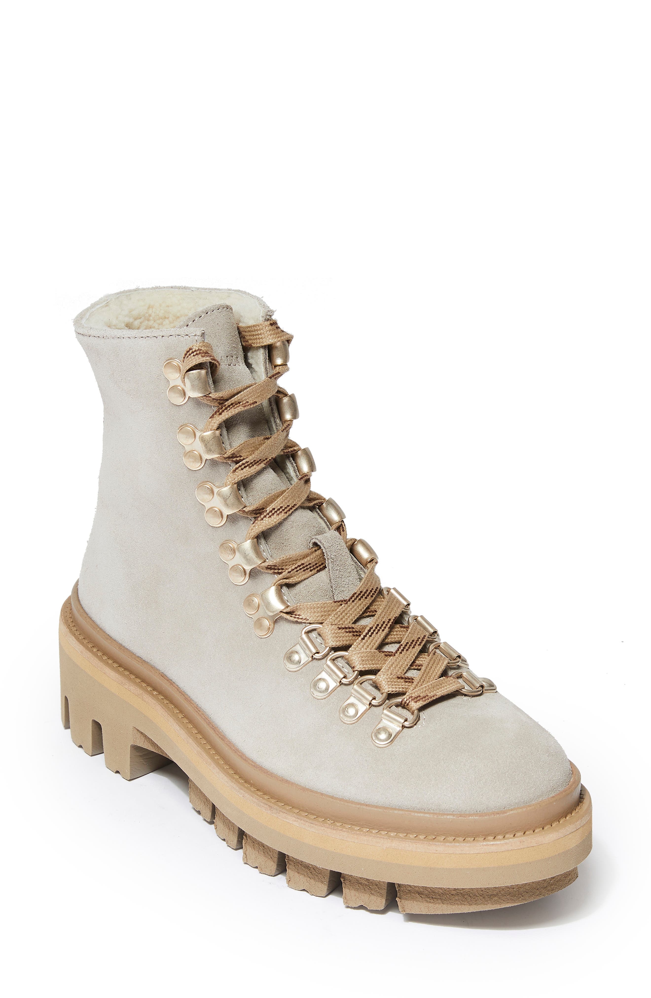 Wanda Genuine Shearling Lug Sole Combat Boot, Main, color, STONE