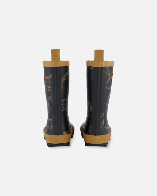 Deux Par Deux Boy's Printed Rain Boots Beige Animals On Black Background In Beige Animals On Black And