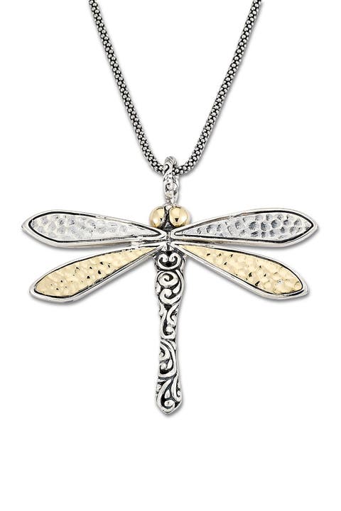 Sterling Silver & 18K Yellow Gold Hammered Dragon Fly Necklace
