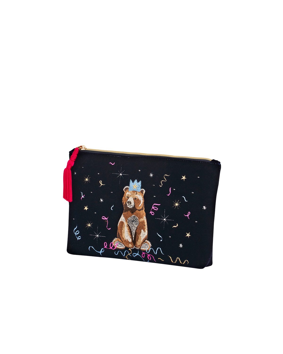 Fable England Party Bear Embroidered Blue Medium Pouch, Alternate, color, Midnight Blue