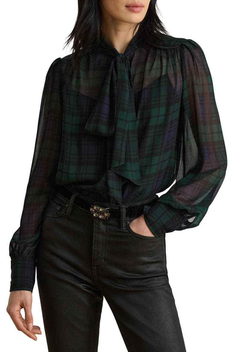 Plaid Long Sleeve Georgette Top, Main, color, NAVY BLUE