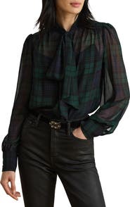 Lauren Ralph Lauren Plaid Long Sleeve Georgette Top