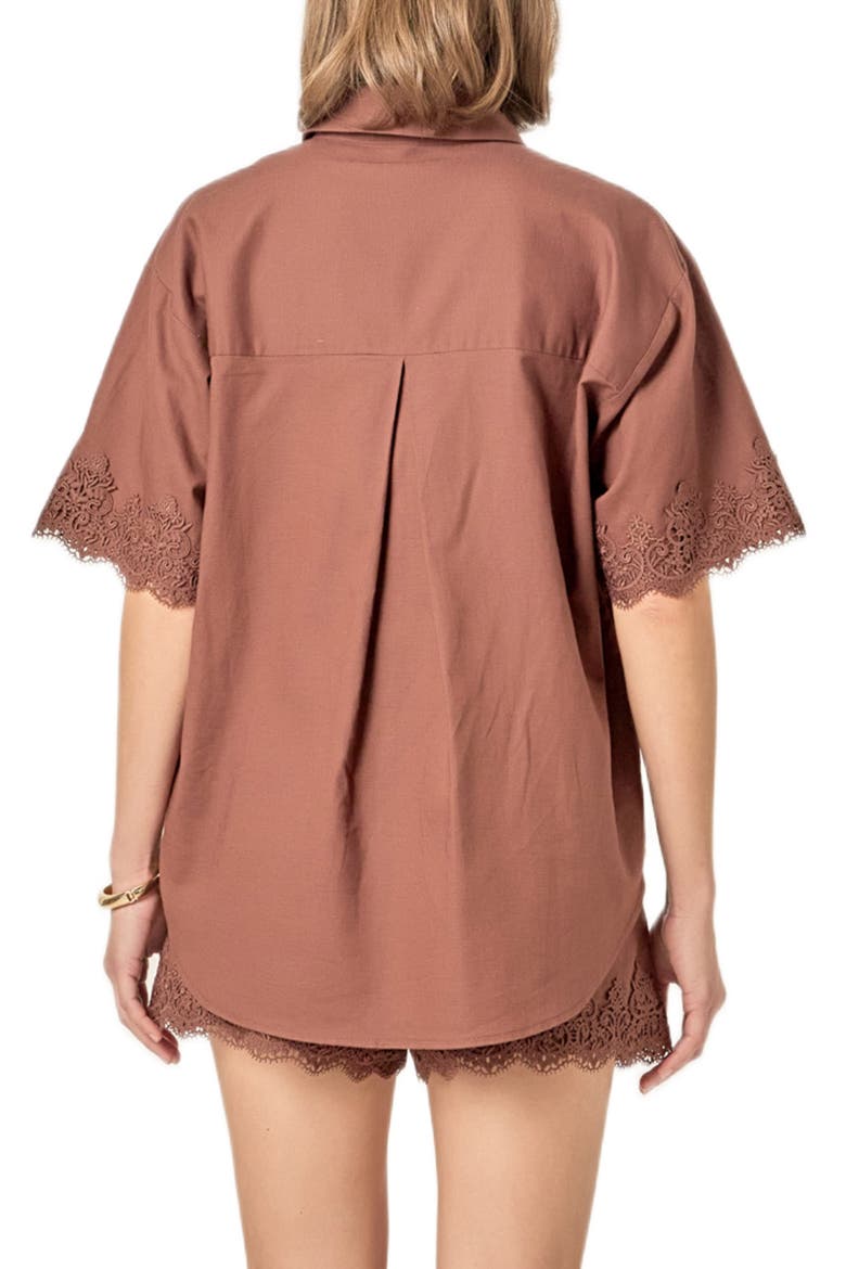 Embroidered Lace Linen Blend Shirt, Alternate, color, CHOCOLATE BROWN