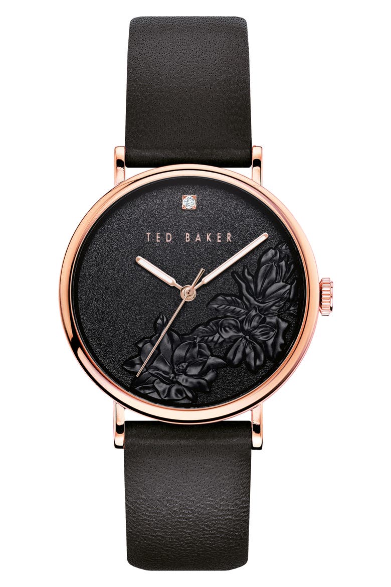 Phylipa Flowers Leather Strap Watch, 37mm, Main, color, BLACK/ ROSE GOLD