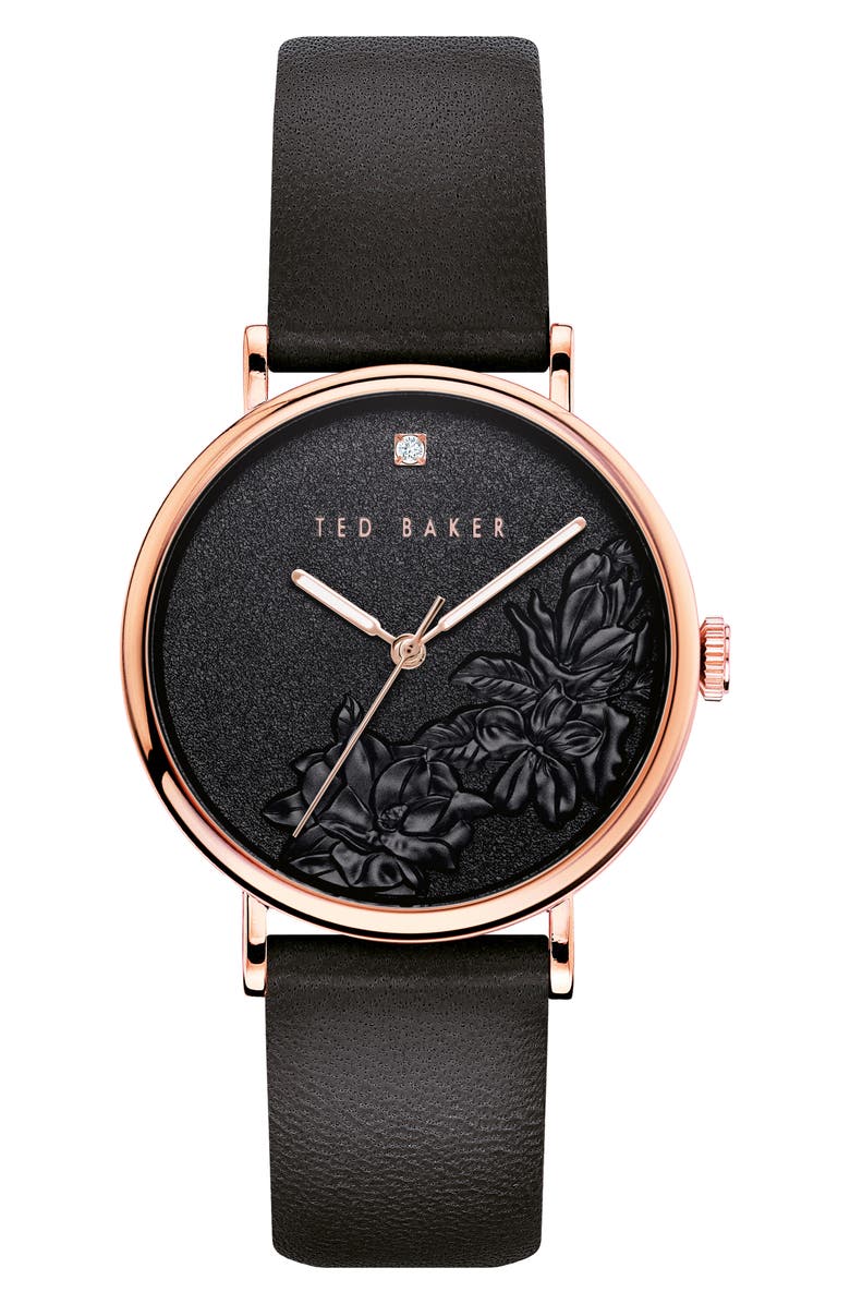 Ted Baker London Phylipa Flowers Leather Strap Watch, 37mm, Main, color,