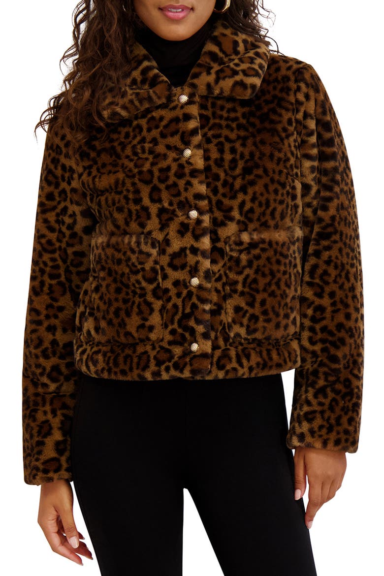 Leopard Print Faux Fur Short Jacket, Main, color, BROWN LEOP