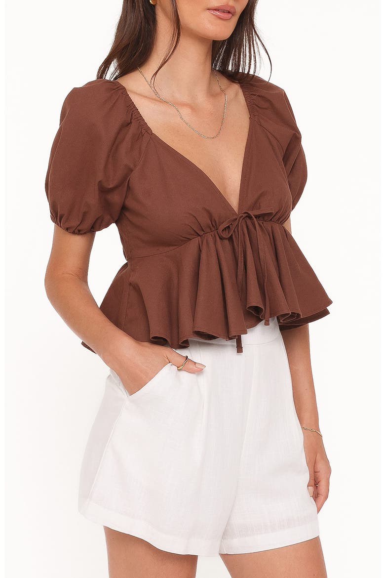 Brienne Tie Front Cotton Peplum Top, Alternate, color, CHOCOLATE