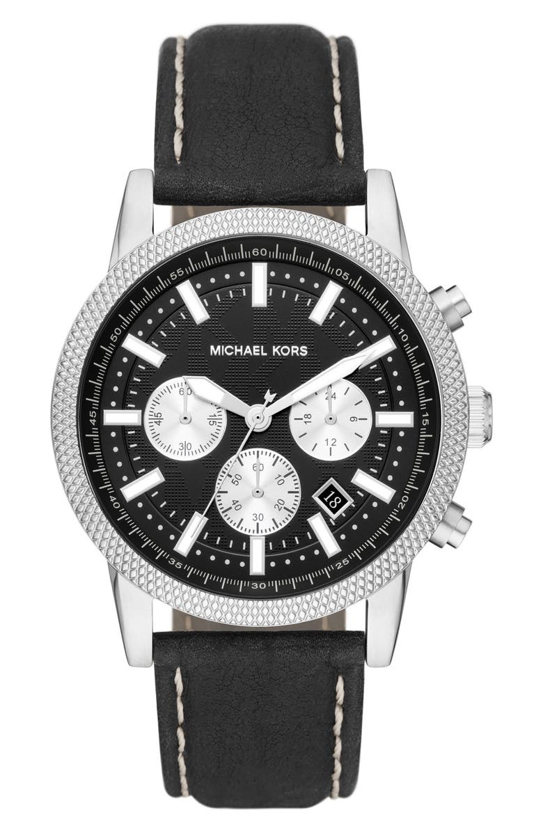 Michael Kors Hutton Chronograph Leather Strap Watch, 43mm, Main, color,