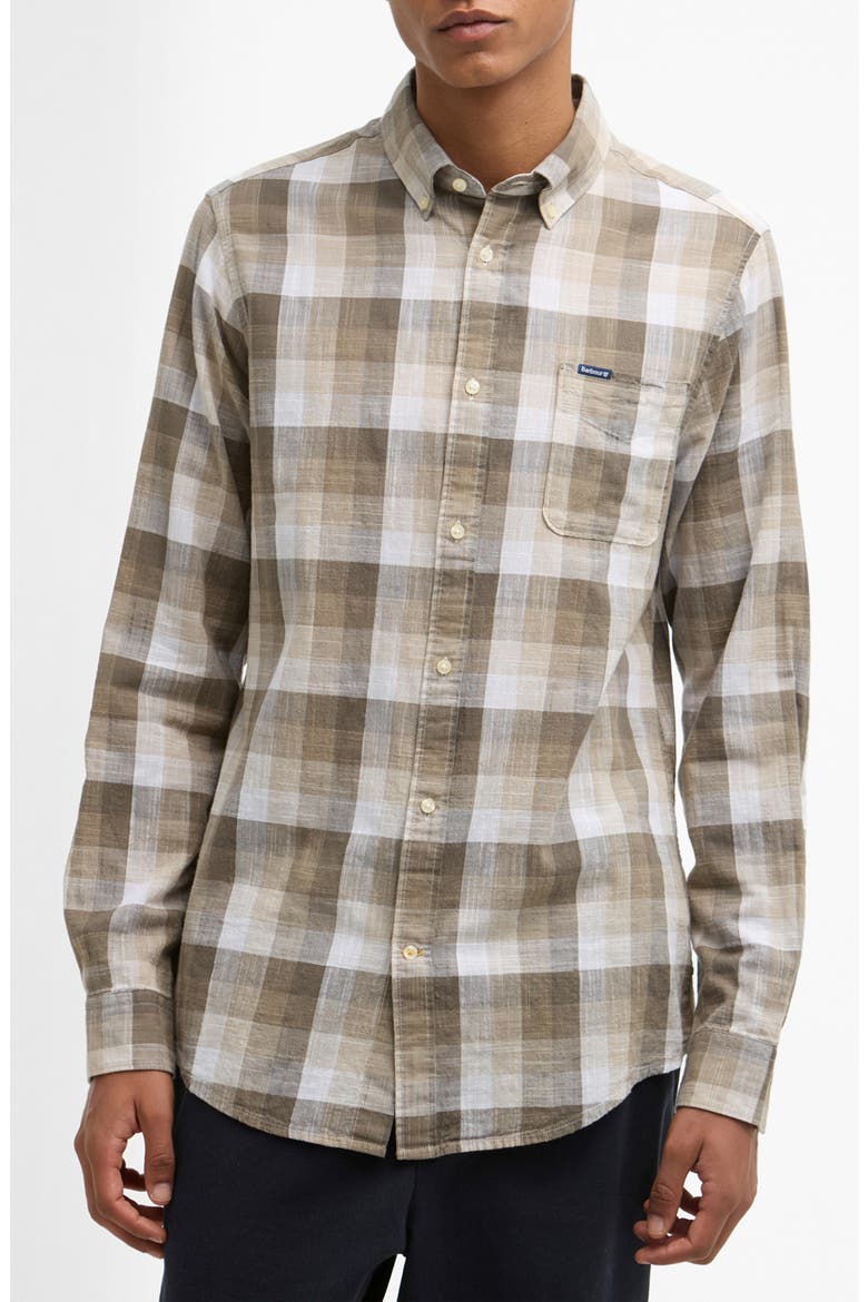 Hillroad Tailored Fit Buffalo Check Slub Cotton Button-Down Shirt, Main, color, STONE