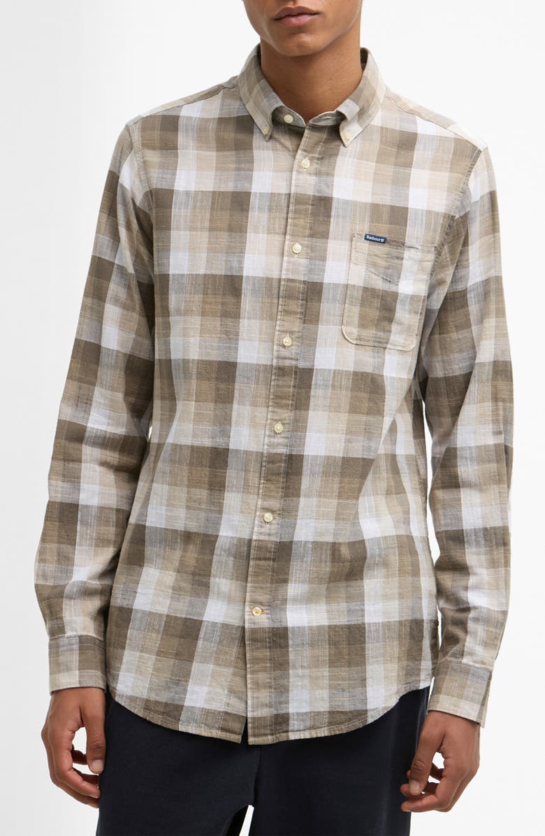 Barbour Hillroad Tailored Fit Buffalo Check Slub Cotton Button-Down Shirt, Main, color, Stone