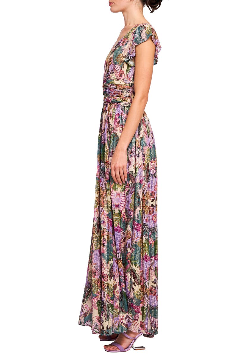 CIEBON Jennsen Ruched Flutter Sleeve Maxi Dress, Alternate, color, Purple