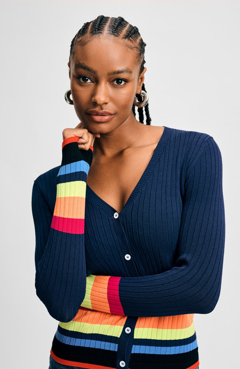 Isaac Mizrahi New York Stripe Cardigan, Alternate, color, Navy/ Multi
