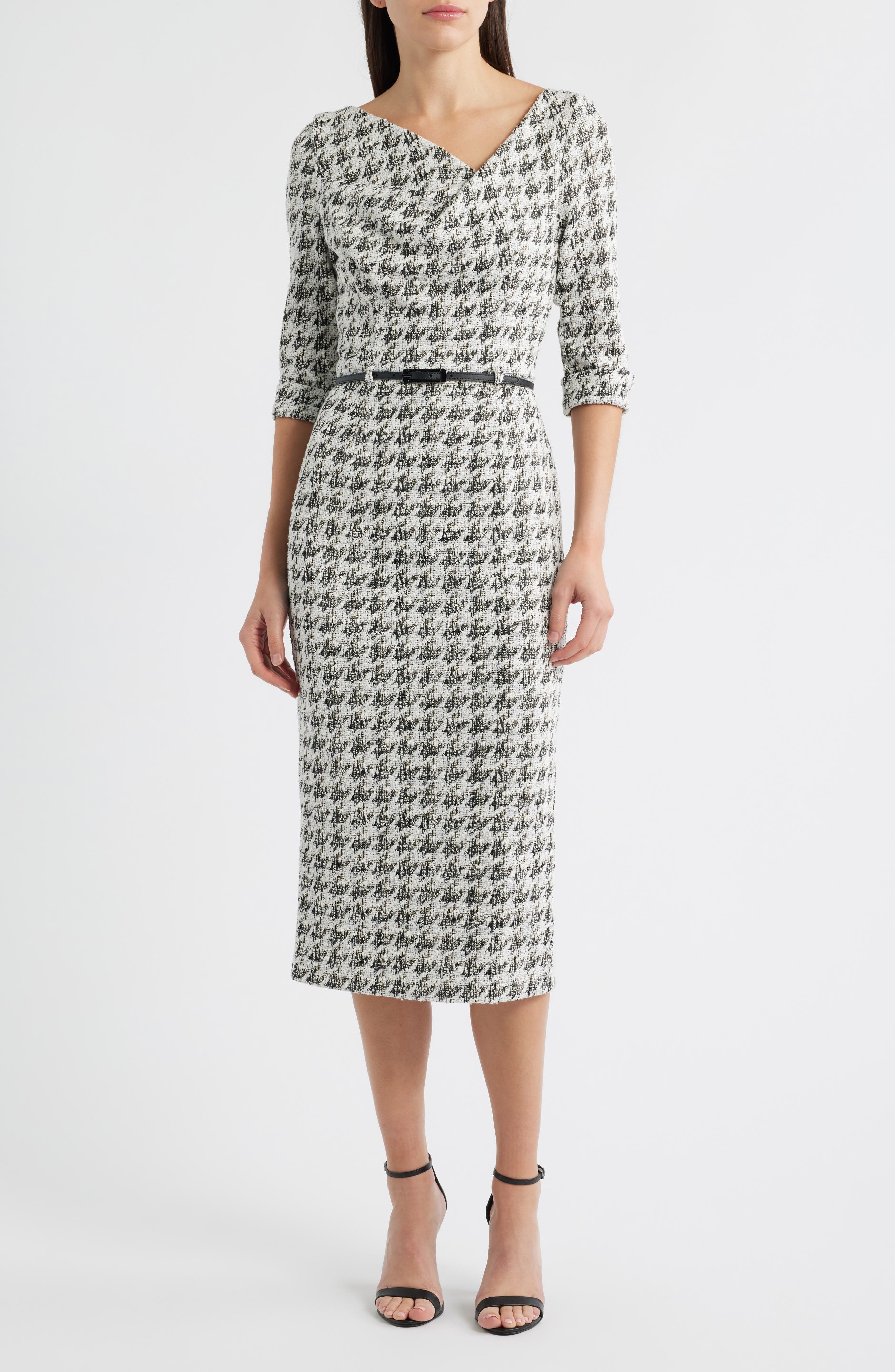 Black Halo Jackie Houndstooth Cowl Neck Tweed Midi Dress