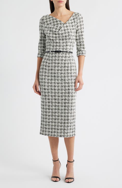Jackie Houndstooth Cowl Neck Tweed Midi Dress