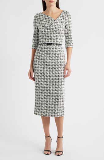 Black Halo Jackie Houndstooth Cowl Neck Tweed Midi Dress
