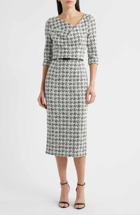 Black Halo Jackie Houndstooth Cowl Neck Tweed Midi Dress