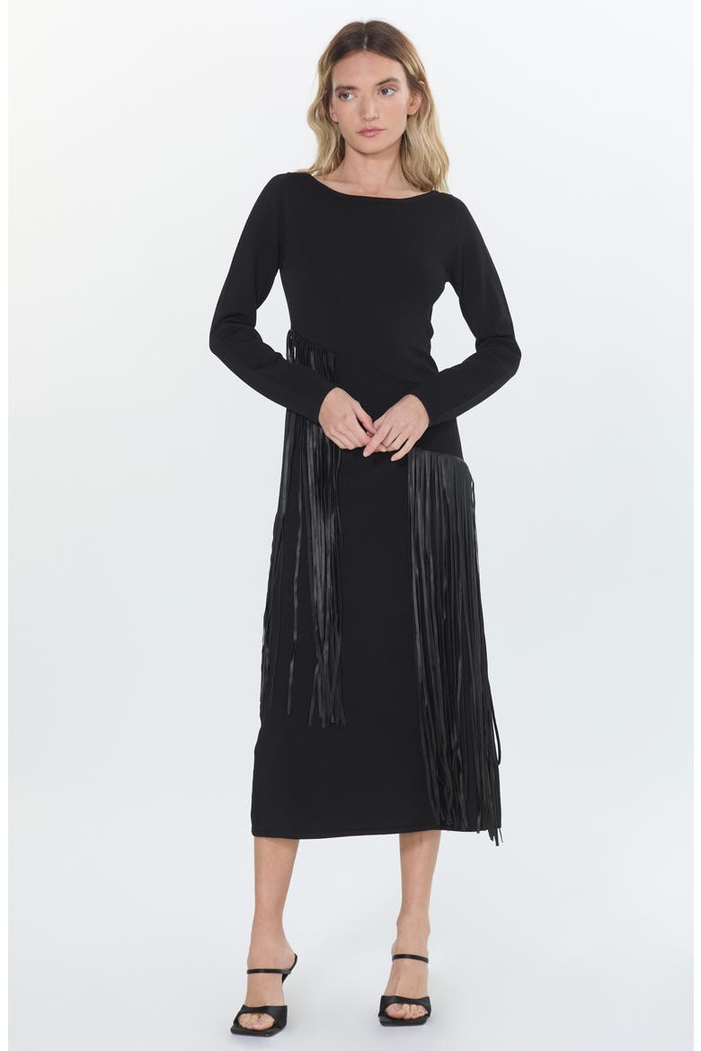 Jessica Fringe Long Sleeve Midi Dress, Alternate, color, BLACK