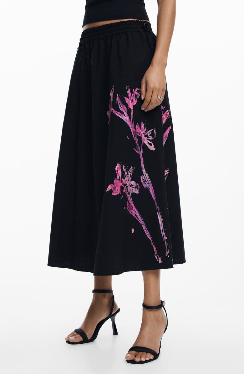 Desigual Orchid Print Cotton A-Line Skirt, Alternate, color, Black