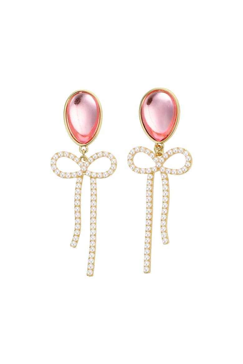 Pearl and Pink Balloon Bow Drop Earrings - Hypoallergenic Gold-Tone Post with Faux Pearl Bow and Pink Enamel Stone, 2.25 Inch, Main, color, Pink