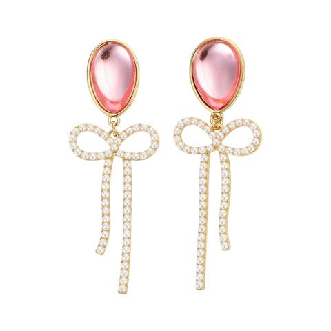 Pearl and Pink Balloon Bow Drop Earrings - Hypoallergenic Gold-Tone Post with Faux Pearl Bow and Pink Enamel Stone, 2.25 Inch