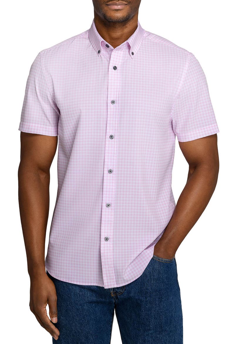 Slim Fit Gingham Woven Short Sleeve Basic Shirt, Main, color, LT. PINK