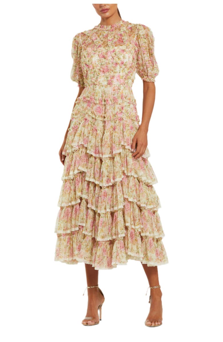 Mac Duggal Elegant High Neck Midi Dress in Printed Mesh with Lace Accents, Main, color, Ivory Multi