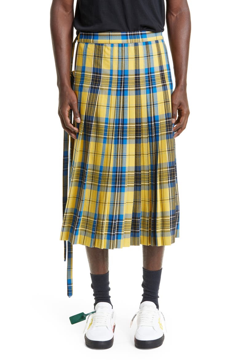 Gender Inclusive Double Buckle Plaid Wool Kilt, Main, color, YELLOW/ BLUE