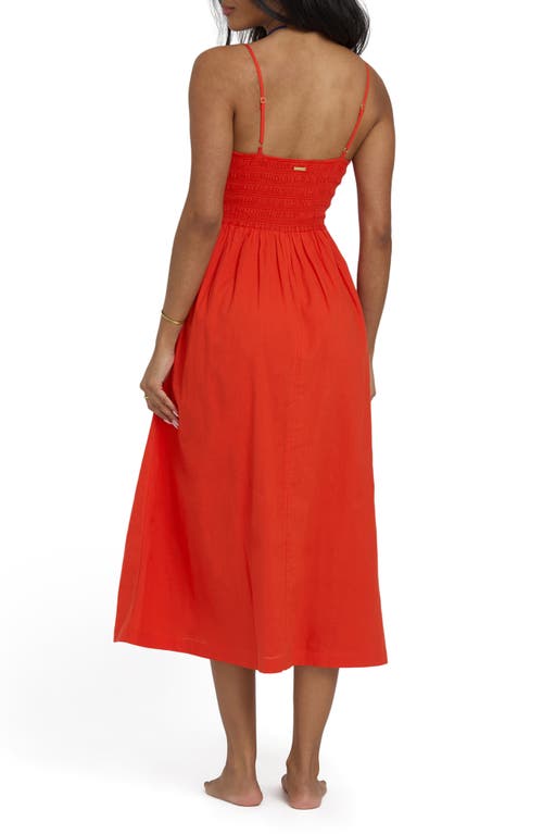 Billabong Such A Trip Smocked Bodice Cotton Midi Dress In Red