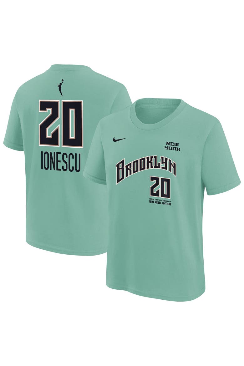 Youth Nike Sabrina Ionescu Mint New York Liberty Rebel Edition Name & Number T-Shirt, Main, color, Mint