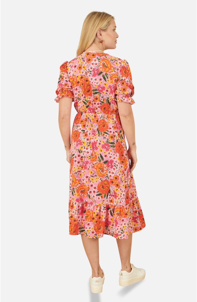 Yumi Short Sleeve V-Neck Printed Midi Dress, Alternate, color, Pink