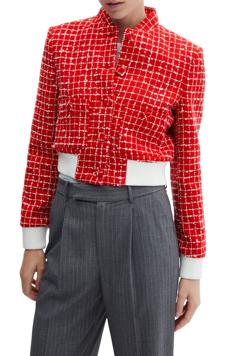 MANGO Check Tweed Bomber Jacket, Main, color, 