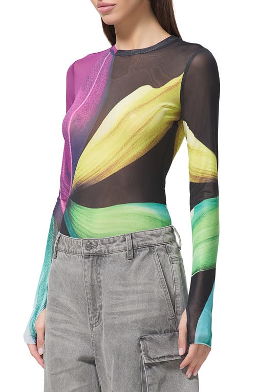 Afrm Kaylee Print Sheer Mesh Top In Black Lotus