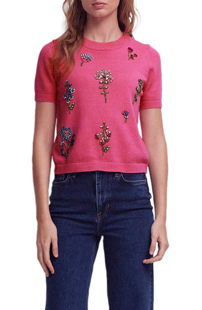 Boden Crystal Embellished Cotton Sweater, Main, color, Pink Power