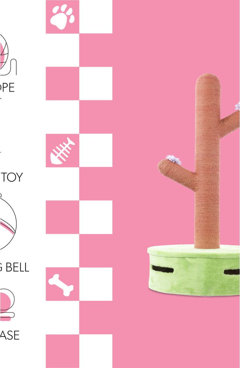 The Licker Store Rosa 36" Modern Jute Cactus Cat Scratching Post with Flower Toys and Built-In Bell Toys, Alternate, color, Pink