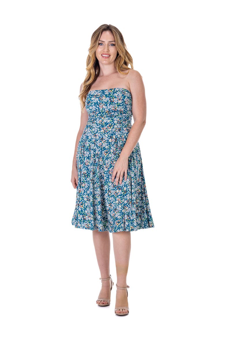 Petites Teal Floral Strapless Tube Top Flowy Knee Length Dress, Main, color, Blue Multi