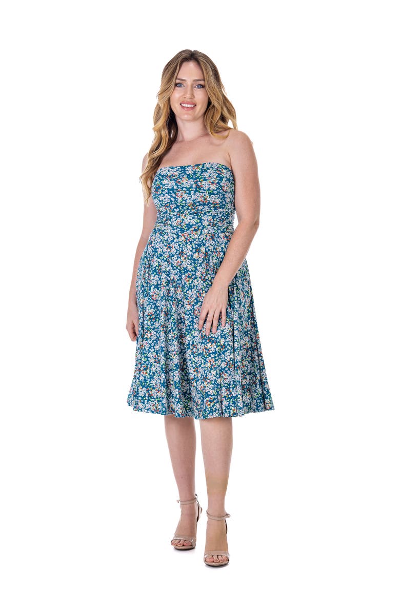 24seven Comfort Apparel Petites Teal Floral Strapless Tube Top Flowy Knee Length Dress, Main, color, 