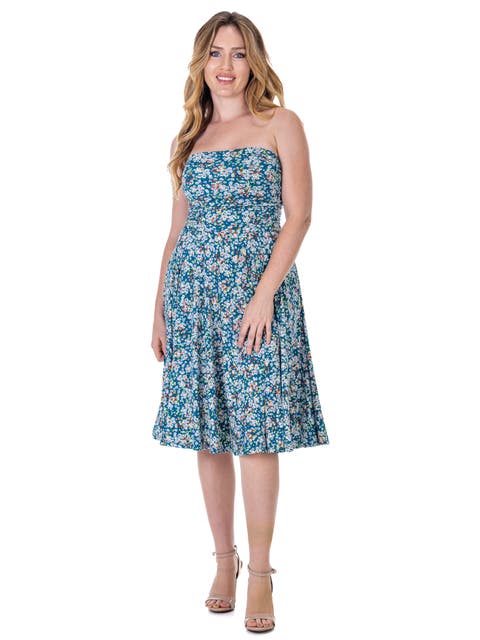 Petites Teal Floral Strapless Tube Top Flowy Knee Length Dress