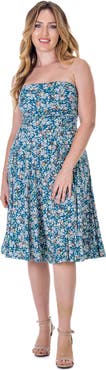 24seven Comfort Apparel Petites Teal Floral Strapless Tube Top Flowy Knee Length Dress