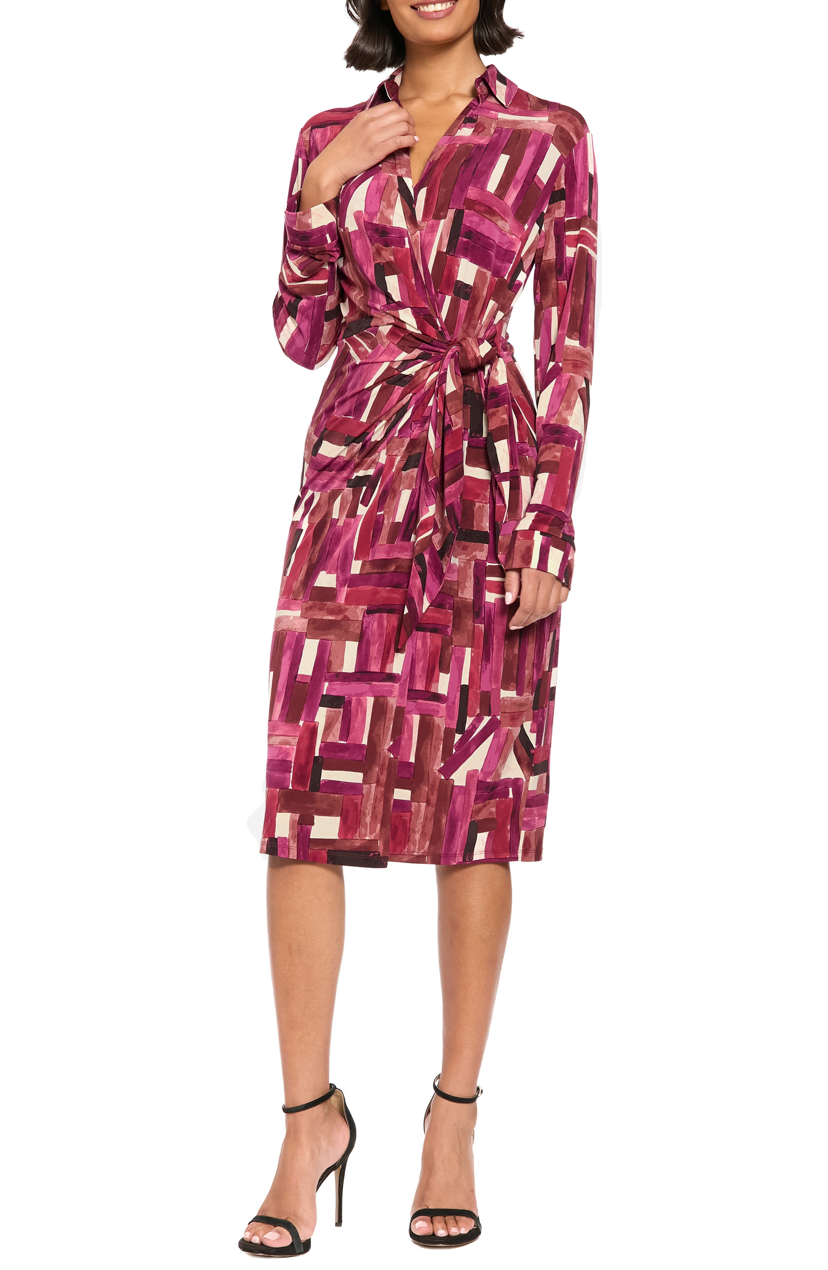 Print Tie Waist Long Sleeve Dress