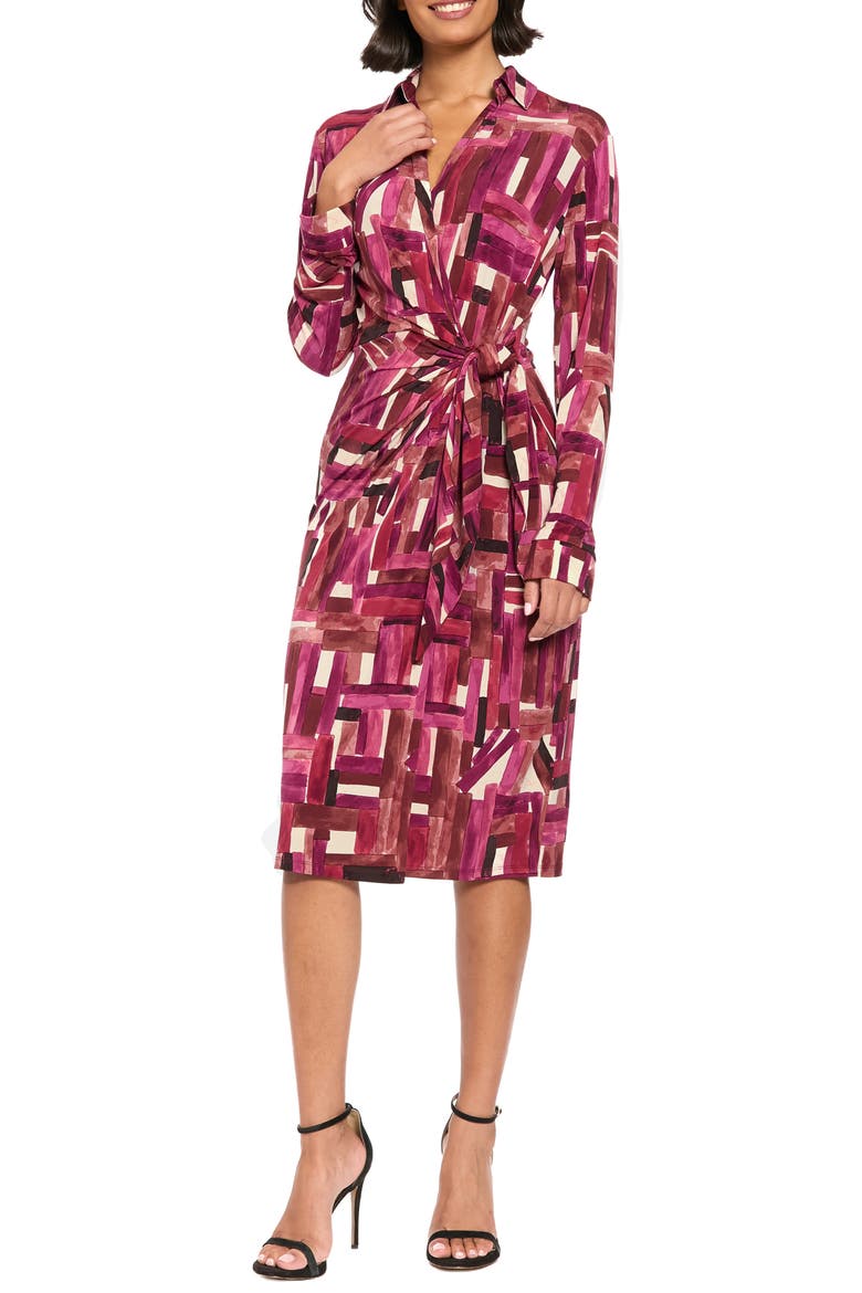Print Tie Waist Long Sleeve Dress, Main, color, CREAM/ D WINE