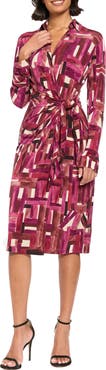 London Times Print Tie Waist Long Sleeve Dress