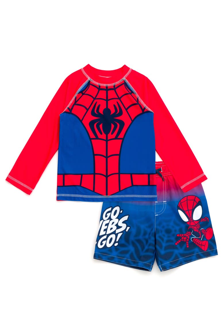 Spidey and His Amazing Friends Swimwear 2-Piece Rash Guard and Swim Trunks Set, Main, color, Spider Man Red Navy