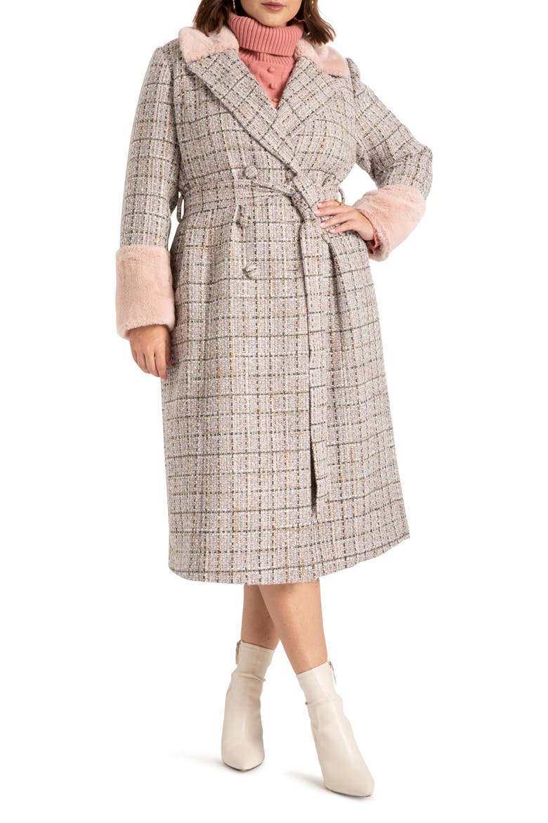 Tweed Longline Jacket with Faux Fur Trim, Main, color, SILVER PINK