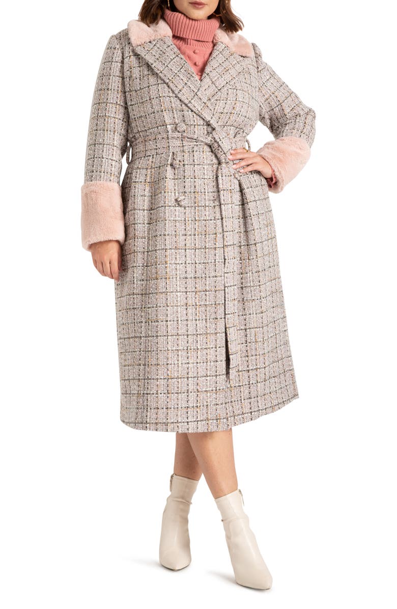 ELOQUII Tweed Longline Jacket with Faux Fur Trim, Main, color, 