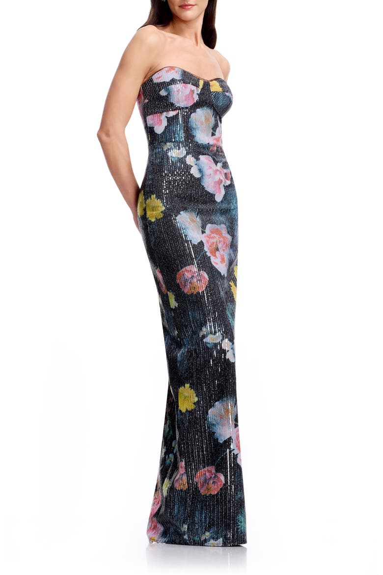 Vada Floral Sequin Strapless Gown, Alternate, color, BLACK MULTI