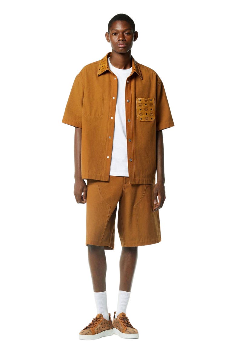 Shirt in Cotton and Monogram Print Leather, Main, color, Cognac