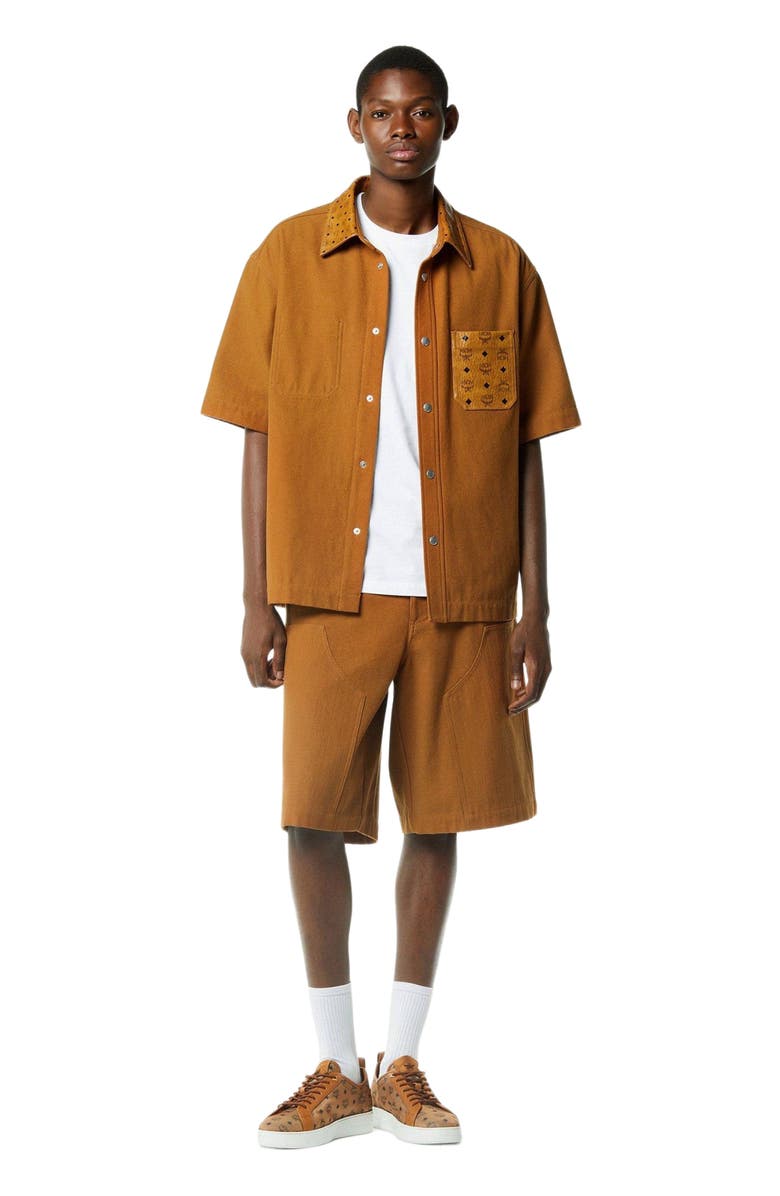 MCM Shirt in Cotton and Monogram Print Leather, Main, color, Cognac