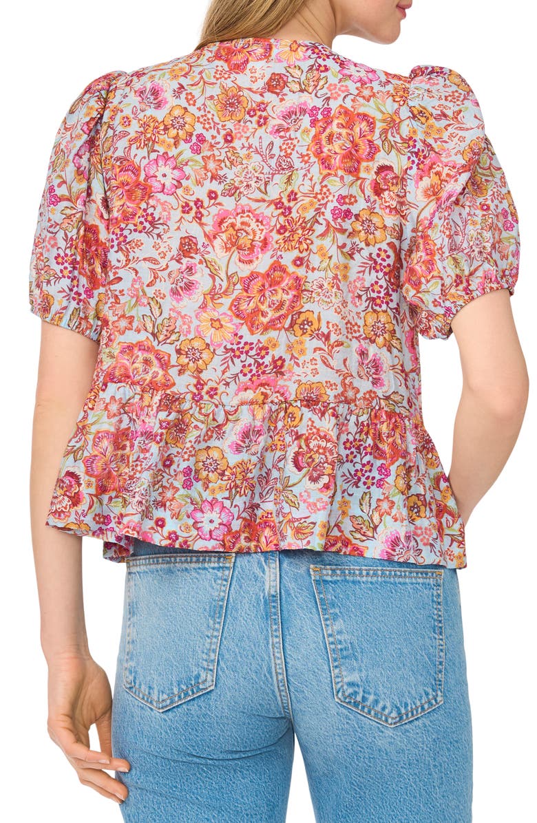 CeCe Tie Keyhole Puff Sleeve Peplum Top, Alternate, color, Aquatic